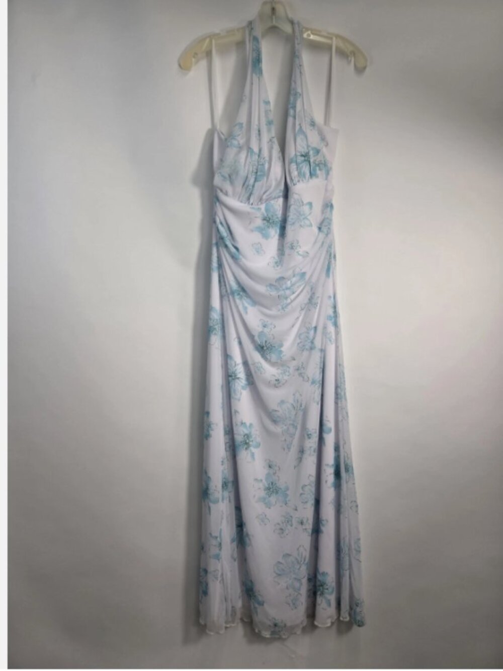 Vtg Taboo Y2K Formal Gown 2X White Light Blue Floral Sparkle Halter Dress 58"